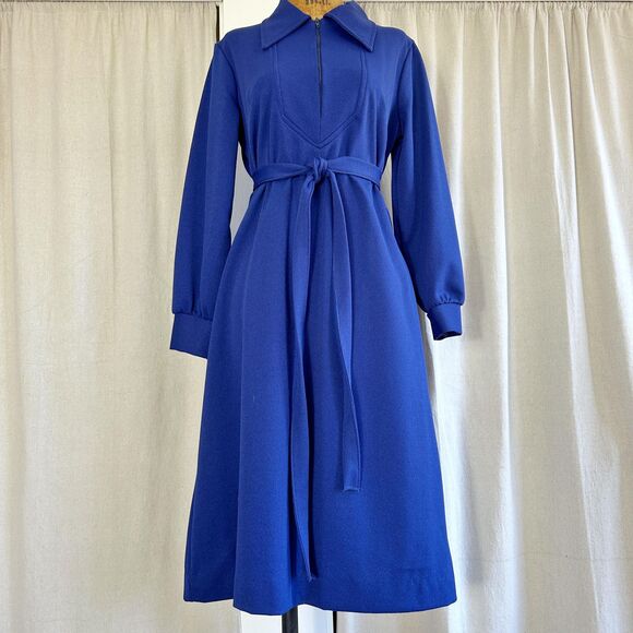 Vintage 60s Cobalt Dagger Collar Space Age Mod Midi Dress M - Picture 1 of 8